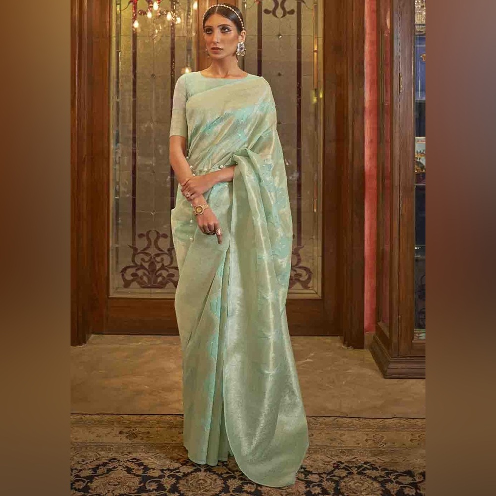 Beautiful Banarasi Mint Green Saree. Extremely elegant design.